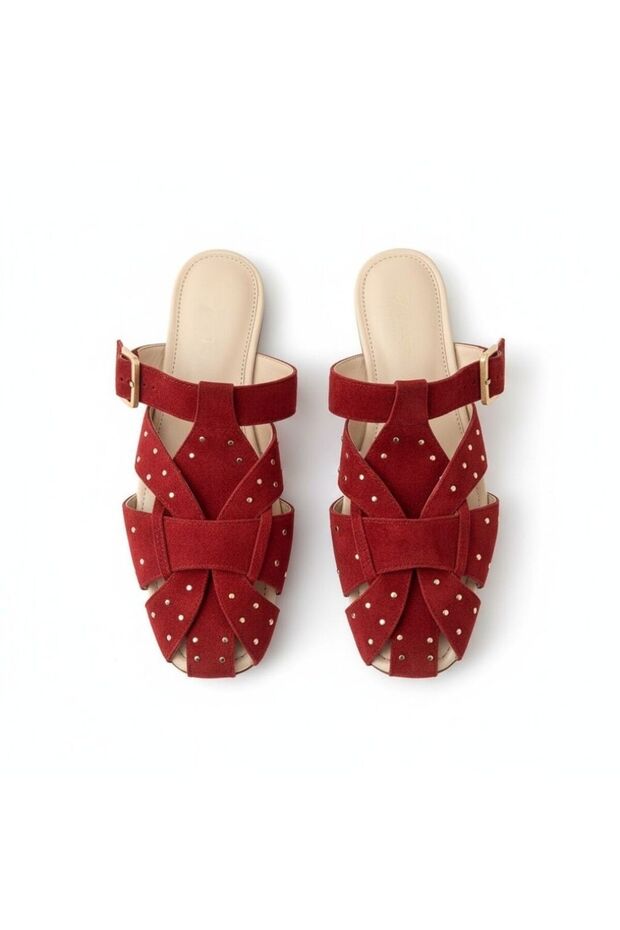 Burgundy Suede Women's Square Toe Sabo Slippers with Pin Detail and Buckle