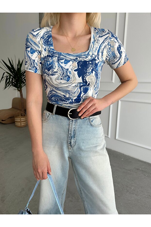 Women's Blue Cream Patterned Square Collar Lined Short Sleeve Viscose Elastane Blouse