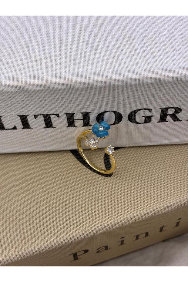 Gold Color Blue Flower Detailed Zircon Stone Adjustable Brass Ring