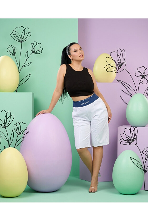 Plus Size Elastic High Waist Denim Pocket Knee Length Women's Shorts