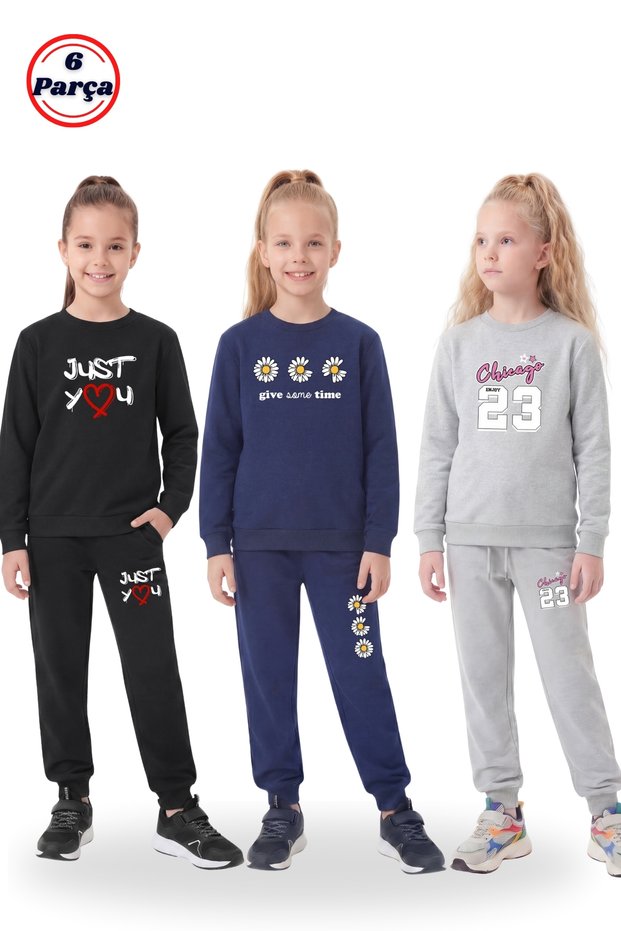 Girl's Crew Neck Print Detailed Sports 6 Piece 3-Piece Tracksuit Set