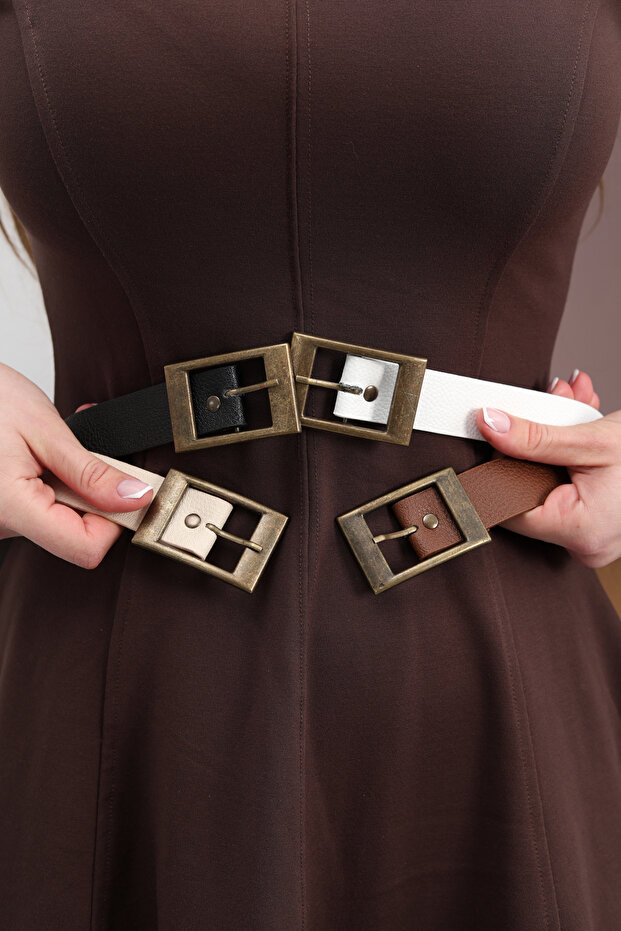 Antique Plated Rectangular Buckle Women's Trouser Belt, Dress Belt, Coat Belt