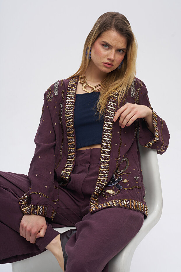 Women's Embroidered and Sequin Detailed Kimono