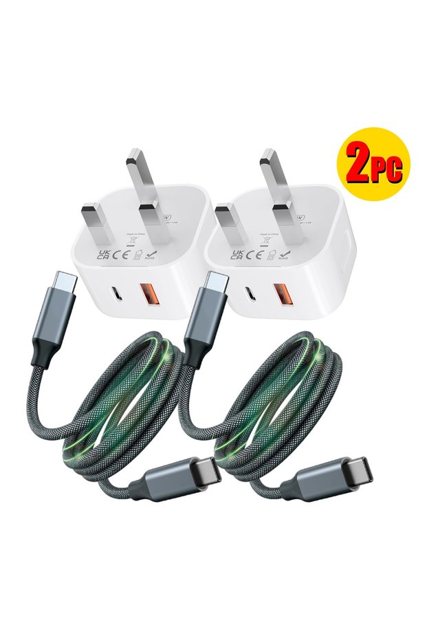 2 PC-UK 3-Pin Dual Port Fast Charging Wall Adapter with USB-C to Type-c