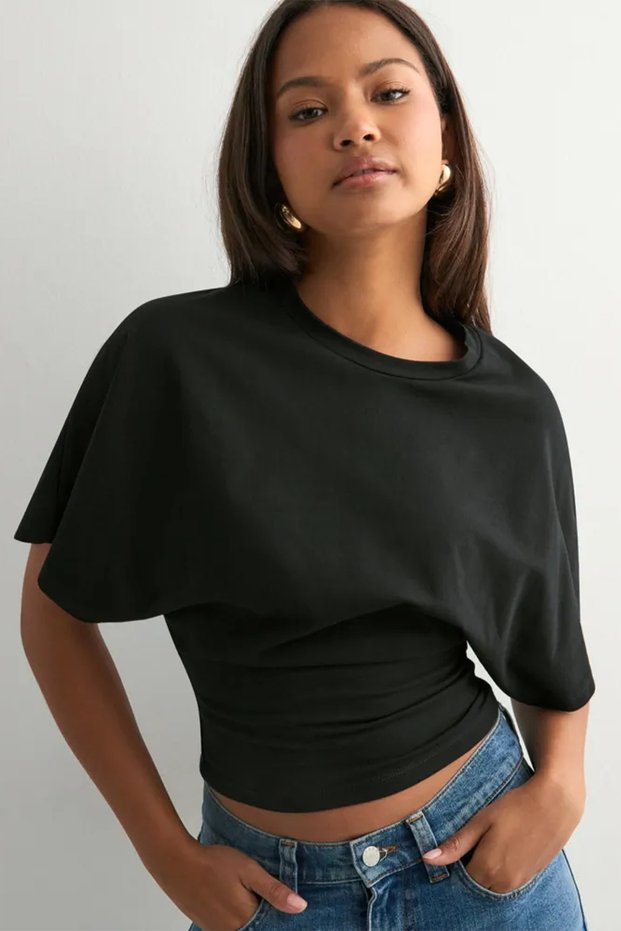 Natural Viscose Blouse with Wide Sleeves and Fitted Waist