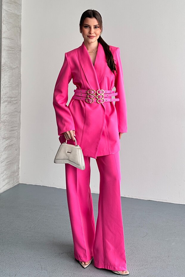 Women's Double Blazer Jacket and Palazzo Pants - 3 Belted Blazer Jacket with Gold Buckle Double Breasted Cut