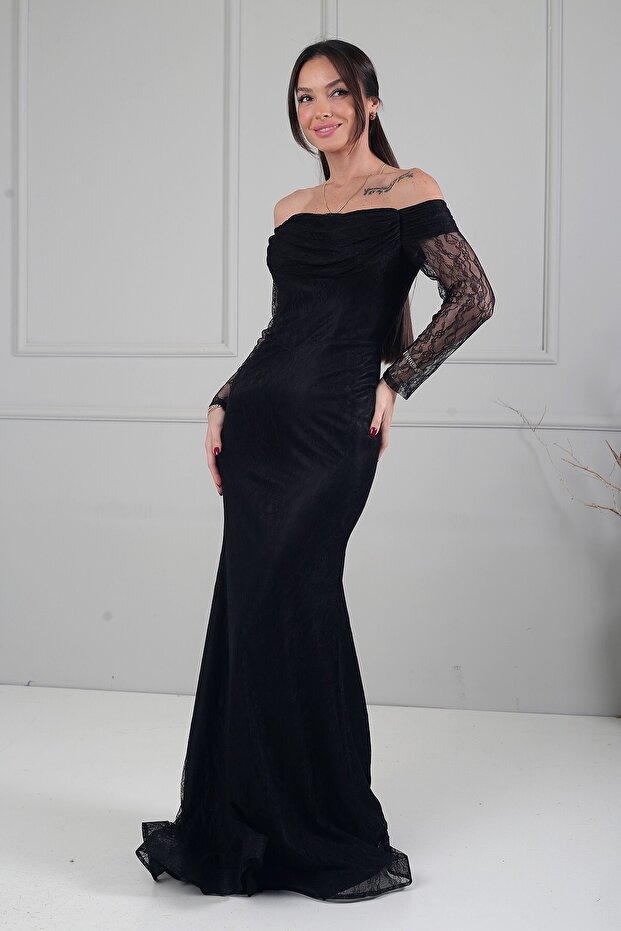 Women's Boat Neck Draped Lined Long Sleeve Lace Mermaid Dress