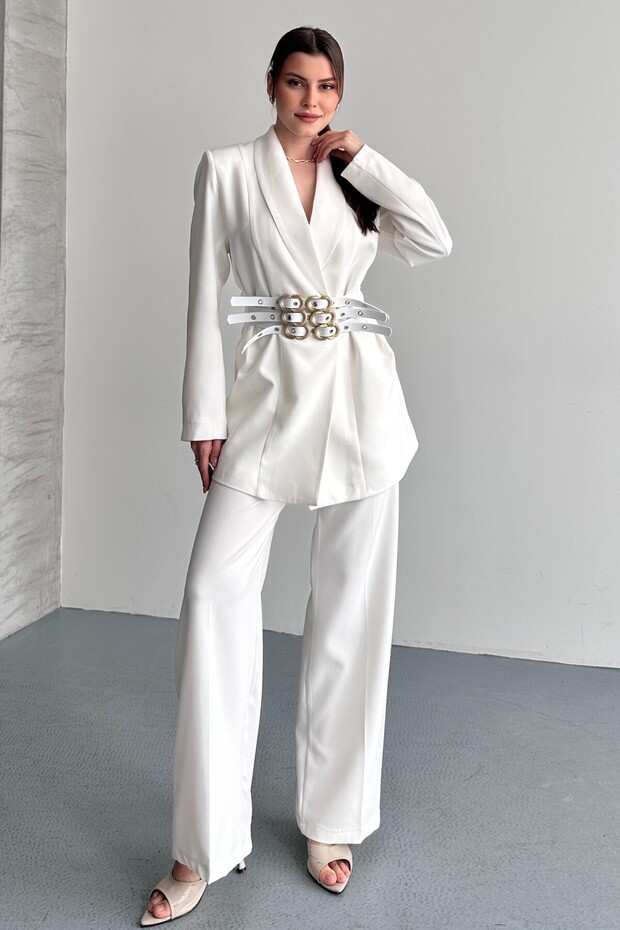 Women's Double Blazer Jacket and Palazzo Pants - 3 Belted Blazer Jacket with Gold Buckle Double Breasted Cut