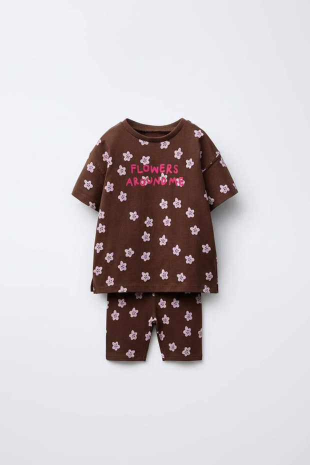 Girl's Cotton Brown Floral Patterned T-Shirt Leggings Set