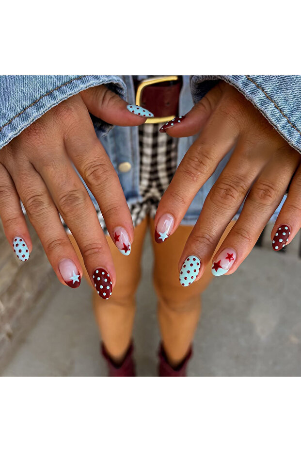 3748 24pcs Oval Star Polka Dot Nail Stickers, Acrylic Material, Perfect Fit, Set Includes: 1pc Jelly