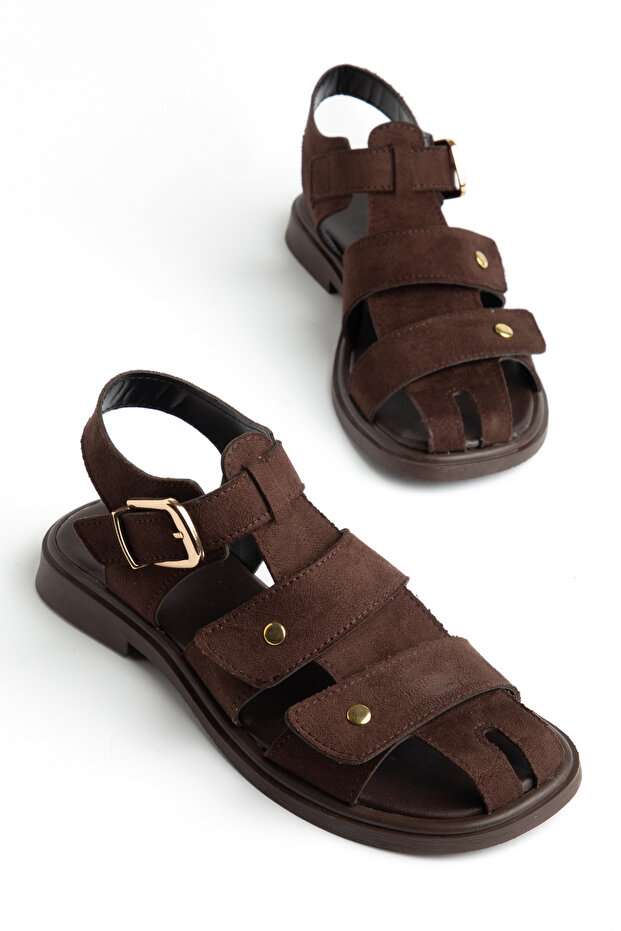 Sole Women's Bitter Brown Suede Bead Detailed Casual Sandals