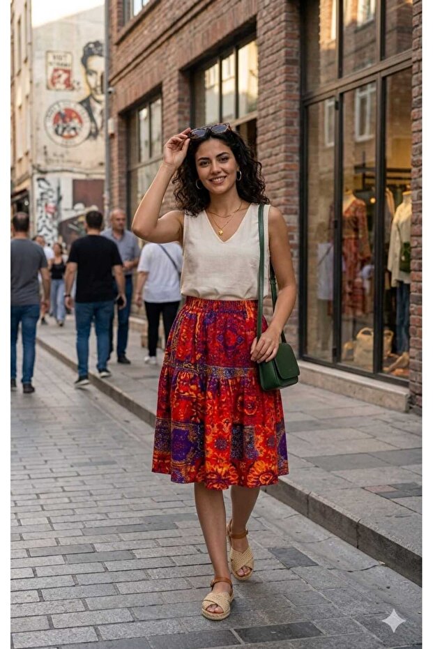 Viscose Fabric Patterned Midi Length (60 cm) Skirt