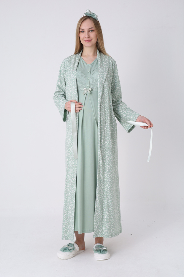 Maternity Nightgown and Robe Set – Maternity, Patterned Robe and Lace-Trimmed Cotton Viscose Nightgown