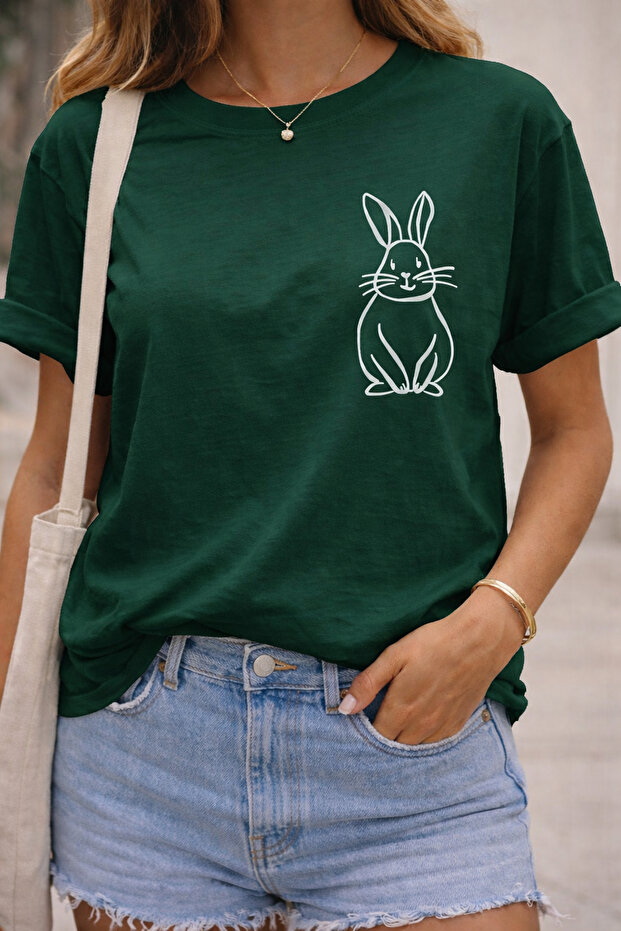 Minimal Rabbit Print Unisex Oversize T-Shirt – Cotton Crew Neck Casual Trend T-Shirt