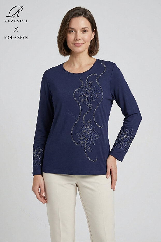 Women's Spiral Leaf Patterned Collar and Skirt Stoned Embroidered Slit Lycra Mother Combed Cotton Blouse