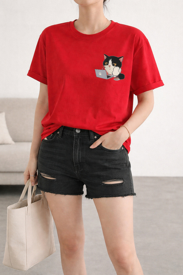Business Cat Printed Unisex Oversize T-Shirt with Laptop - Cotton Crew Neck Casual T-Shirt