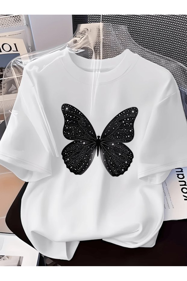 Black glossy butterfly printed premium oversize t-shirt