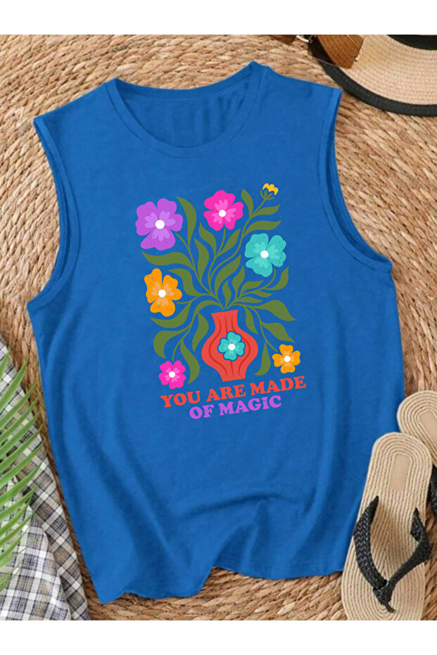 Flower Printed Sleeveless Women's Summer Crew Neck Strappy Athlete Tshirt