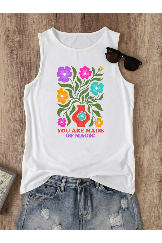 Flower Printed Sleeveless Women's Summer Crew Neck Strappy Athlete Tshirt