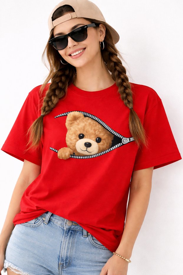 Zippered Teddy Bear Printed Unisex Oversize T-Shirt – Cotton Crew Neck Casual Streetwear T-Shirt