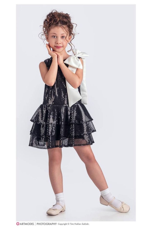 Glittery Collar Bowknot Girls' Dress