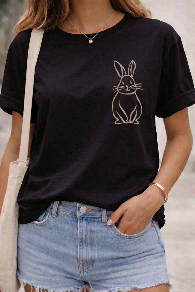 Minimal Rabbit Print Unisex Oversize T-Shirt – Cotton Crew Neck Casual Trend T-Shirt