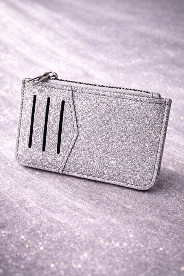 Women's Silvery Zippered Card Holder Wallet with 8 Card Holders, Mini Wallet with Money Compartment