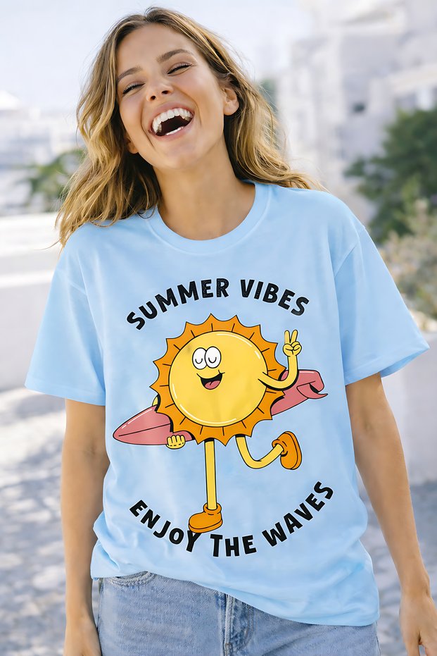 Summer Vibes Sun Print Unisex Oversize T-Shirt – Summer-Themed Cotton Crew Neck Trend T-Shirt