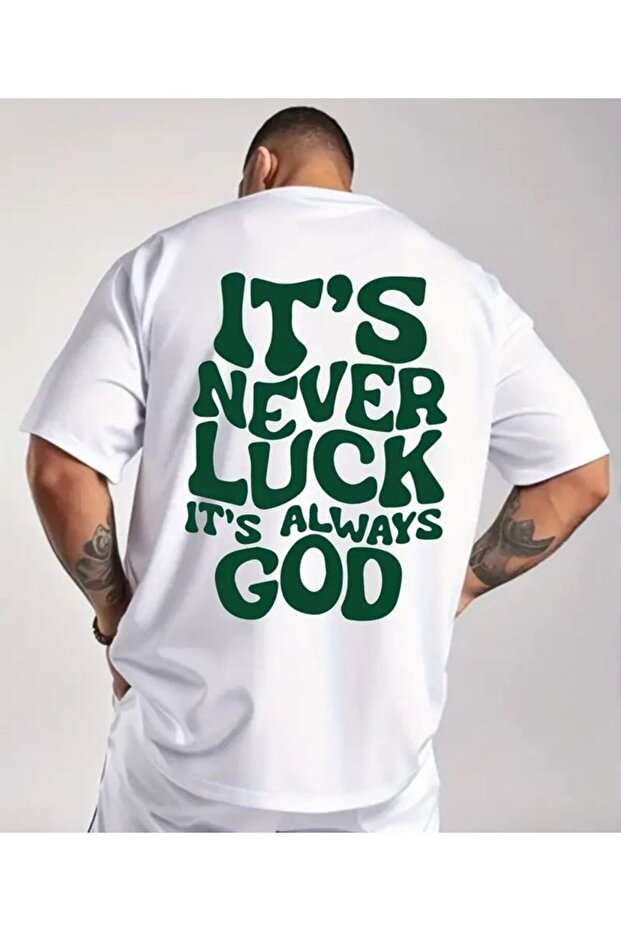 تي شيرت أبيض كبير الحجم مطبوع عليه God Luck للنساء/الرجال للجنسين