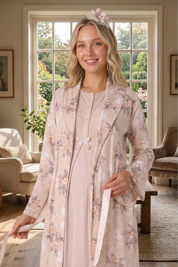 New Season Beige Shawl Collar Patterned Full Length Summer 100% Cotton Special Design Maternity Dressing Gown Nightgown Set