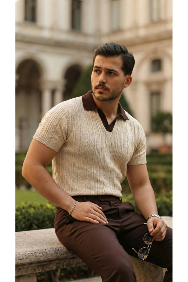 Men's Patterned Short Sleeve Knitwear T-Shirt - 100% Cotton Acrylic
