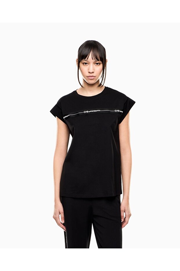 Women's Cotton Round Neck Logo Stripe Patterned Short Sleeve Black T-Shirt