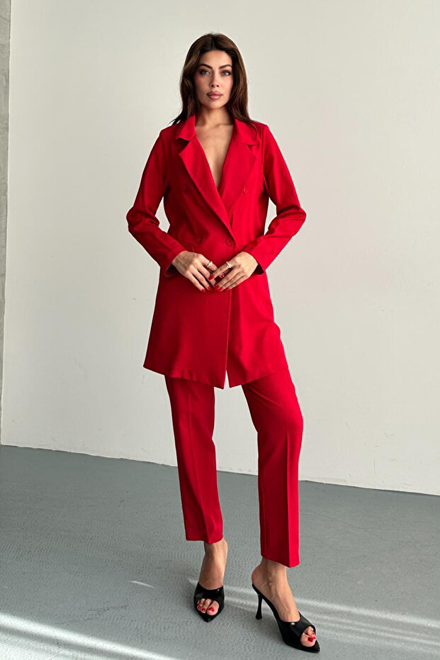Red Larina Double Breasted Buttoned Blazer Jacket Trousers Suit Ate-4237