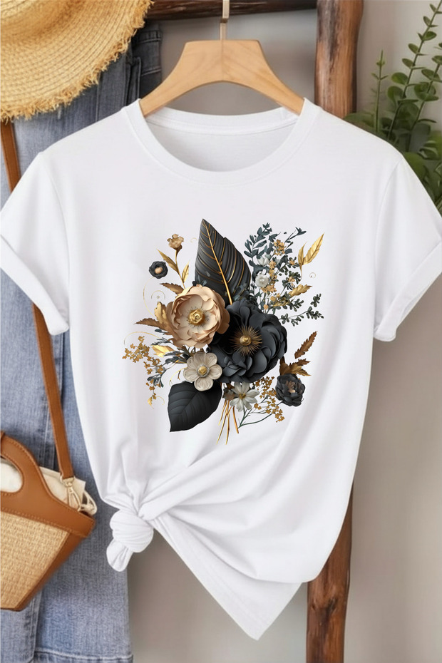 Black Flower Bouquet Special Design Printed Women's T-Shirt