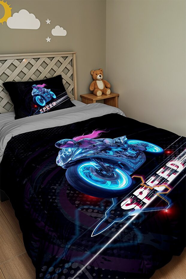 Women's Biker Patterned Single Duvet and Pillowcase