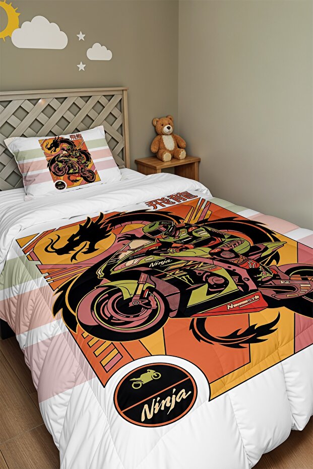 Dragon Passion Motor Patterned Single Duvet and Pillowcase