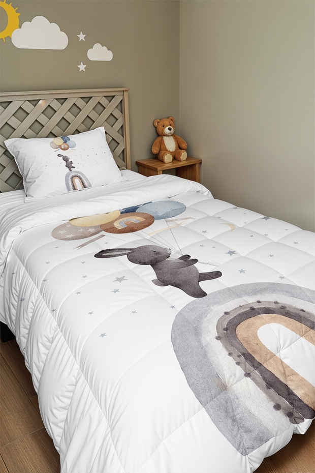Balloon Rabbit Patterned Single Duvet and Pillowcase