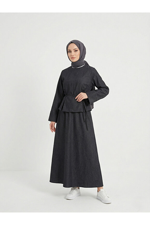 Back Zipper Detail Skirt Suit-Black
