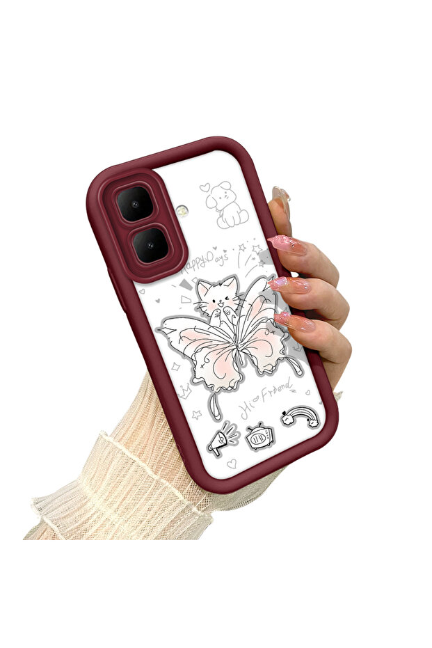 Infinix Smart 10 ile Uyumlu Darbeye Dayanıklı Basit Bordo Silikon Telefon Kılıfı Kelebek Desen - 1