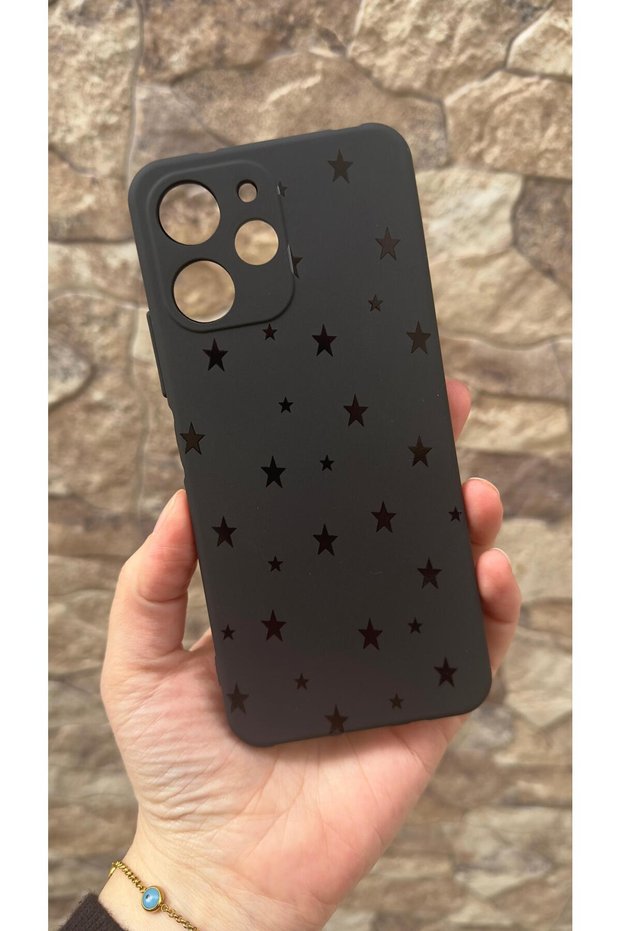 Redmi 12 Compatible Mini Black Star Patterned Silicone Shock Absorbing Classic Protected Rubber Case