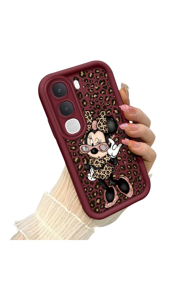 Simple Maroon Silicone Phone Case Minnie Pattern Compatible with Vivo Y21D Shockproof