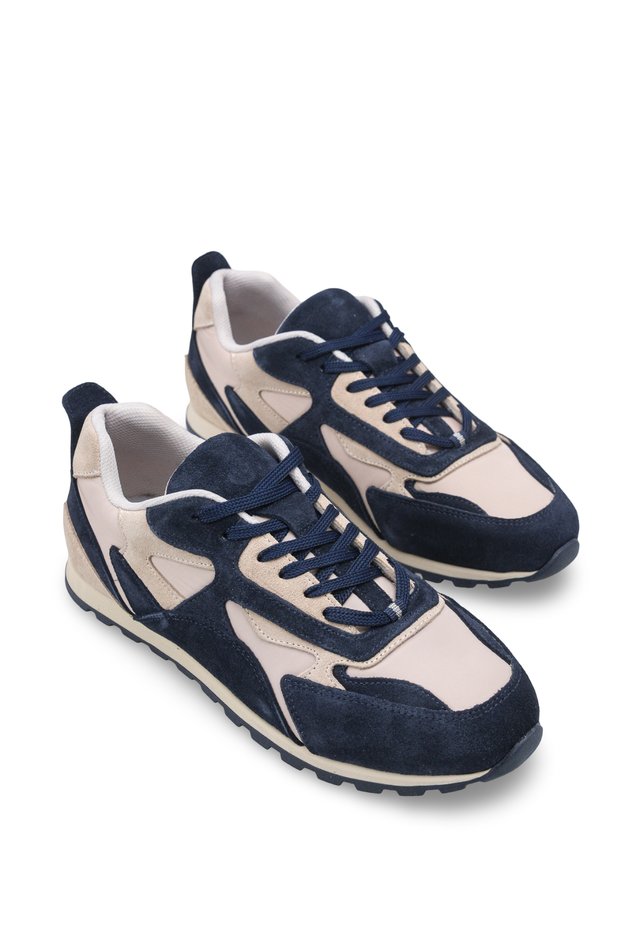 Belavessa Navy Blue Beige Leather Women's Casual Comfortable Stylish Lace-Up High Sole Sports Sneaker