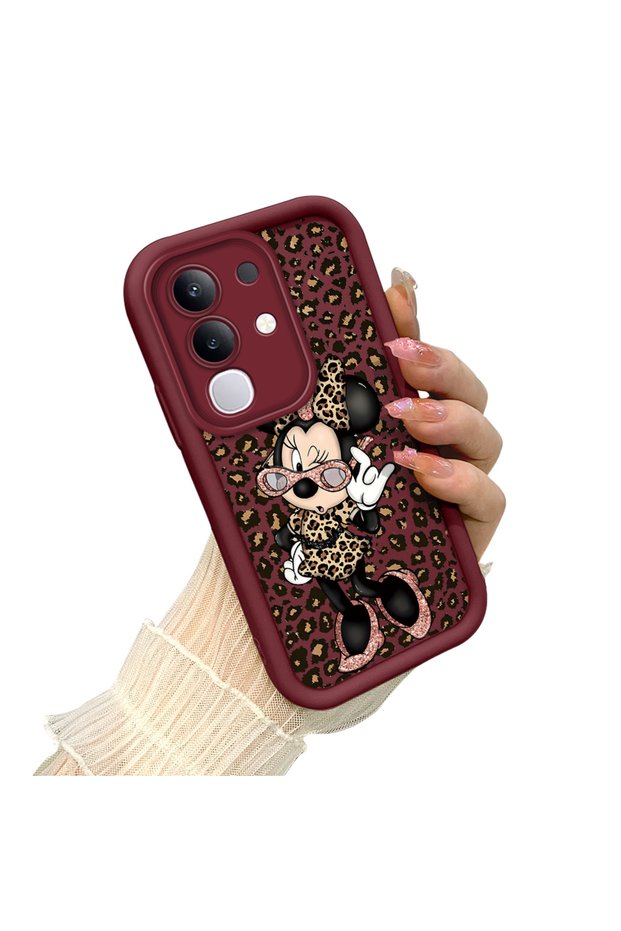 Simple Maroon Silicone Phone Case Minnie Pattern Compatible with Vivo Y29 Shockproof