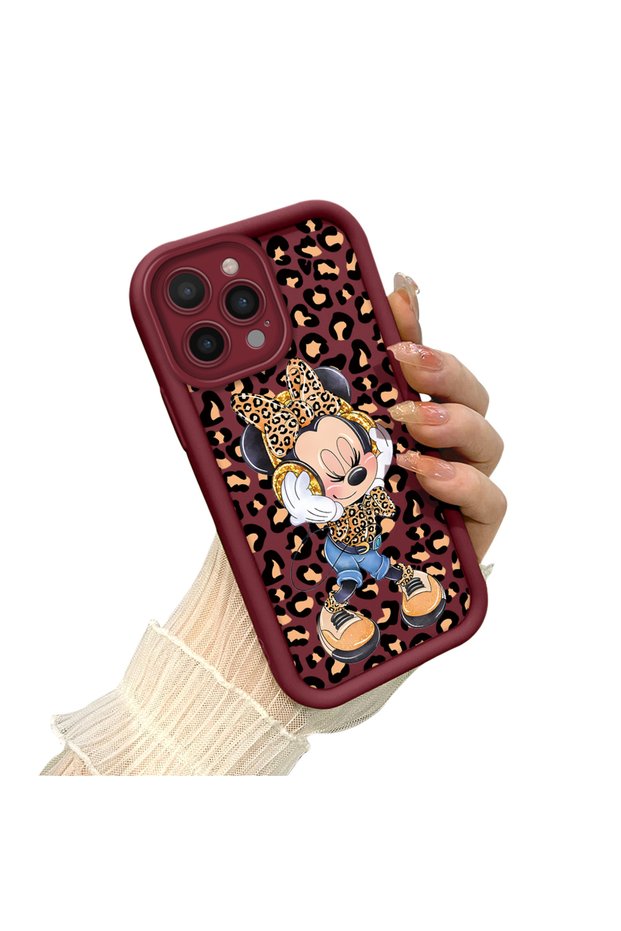 Shockproof Simple Claret Red Silicone Phone Case Mickey Pattern Compatible with iPhone 13 Pro Max