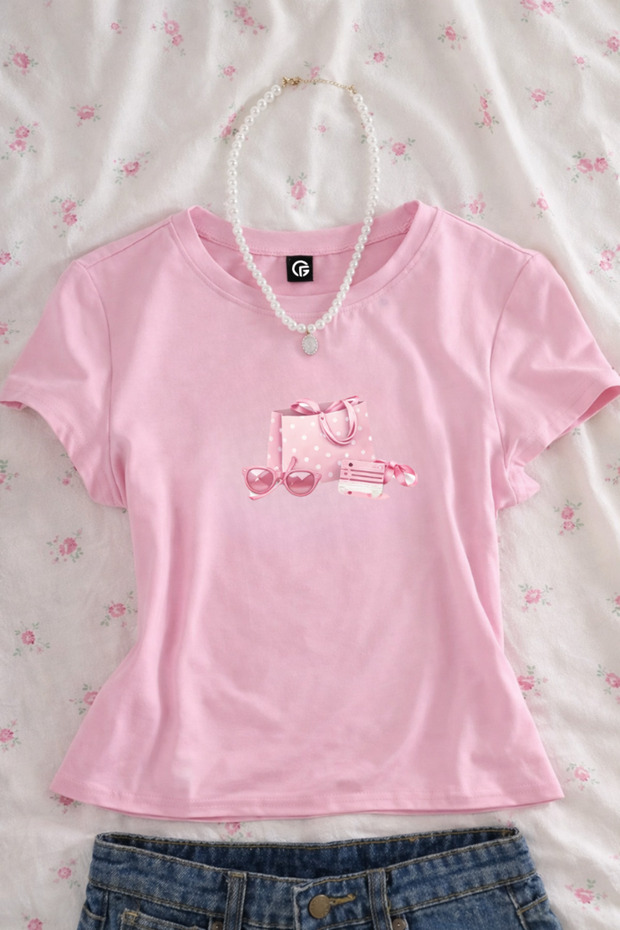 Pink Phone Aesthetic Printed Belt Length Pink Crop
