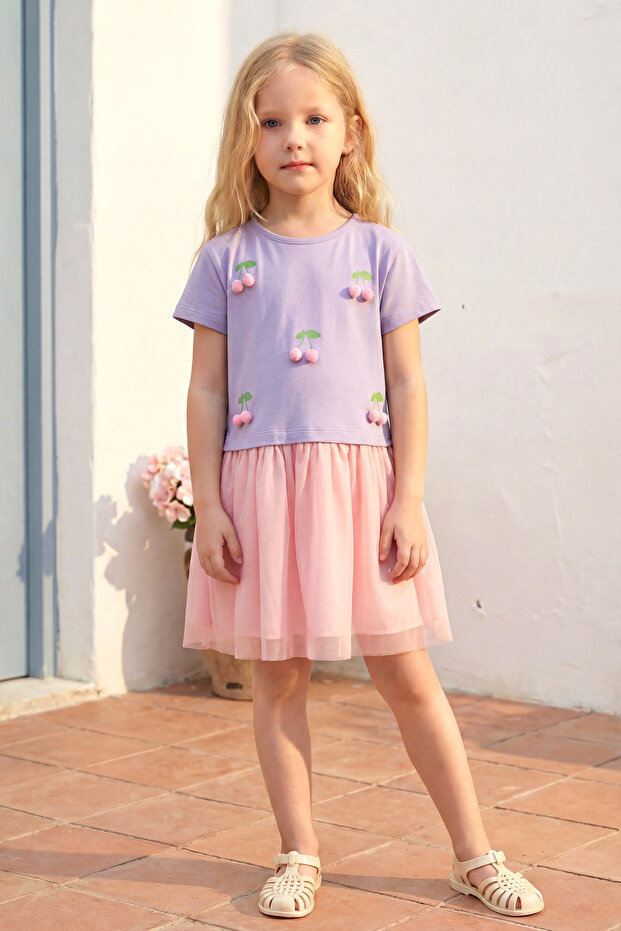 Girl's Summer Tulle Dress with Cherry Detail in Lilac