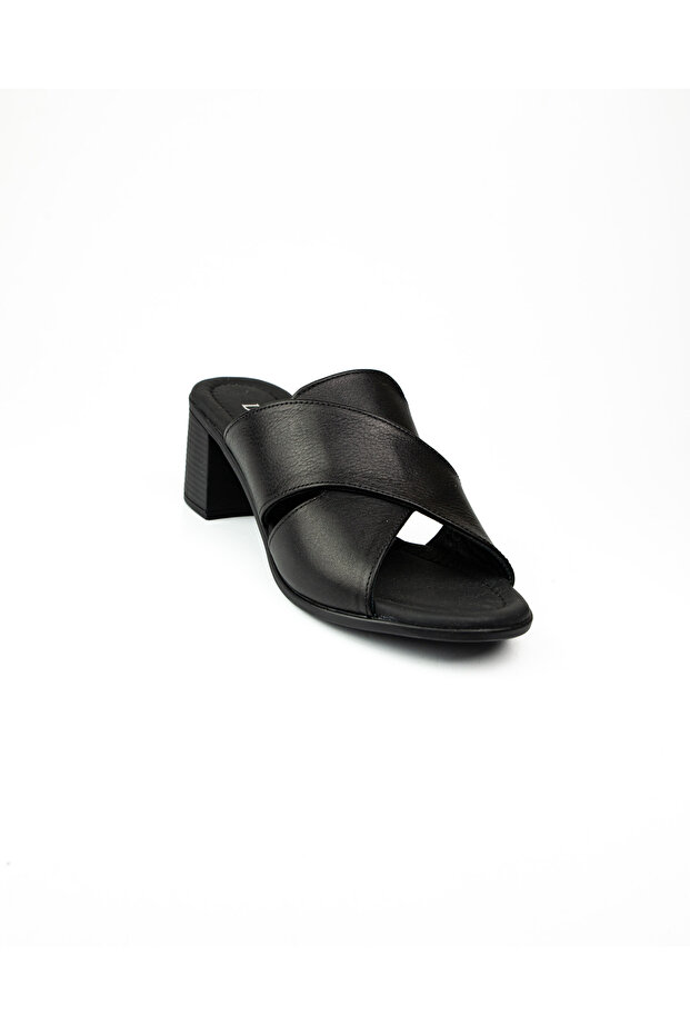 1512 Black Leather Heeled Daily Women's Slippers