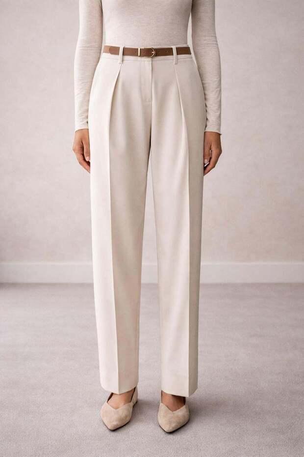 Women's Belted High Waist Straight Leg Classic Trousers – Stone Color