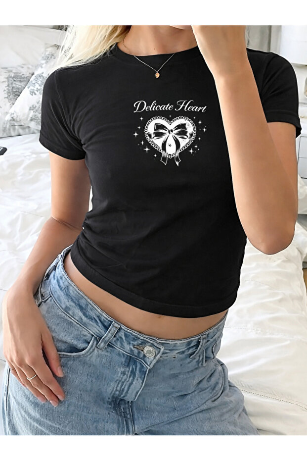 Delicate Heart Printed Black Belted Crop T-Shirt