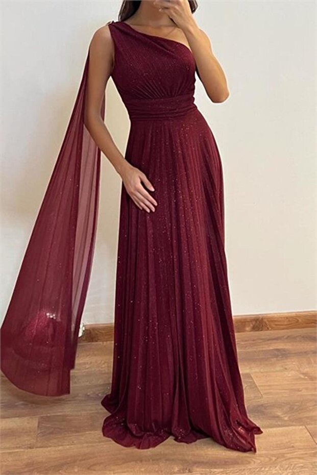 Women's Shoulder Detailed Pleated Sparkling Fabric Evening Dress Dpswll16